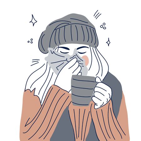 Sick child girl lying in bed. Cold. Vectorflat illustration. Cartoon character.のイラスト素材