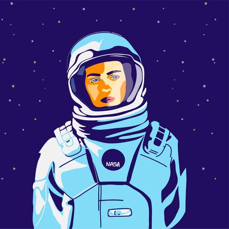 Female cosmonaut in spacesuit  flat vector illustration. Astronaut, space explorer in spacesuitのイラスト素材