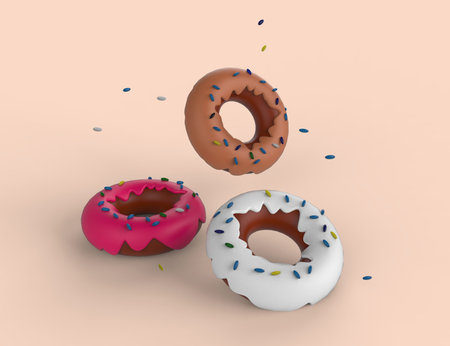 donuts with frosting. Donuts with glaze flying over background with sprinkles falling down. Colorful 3d illustrationの写真素材