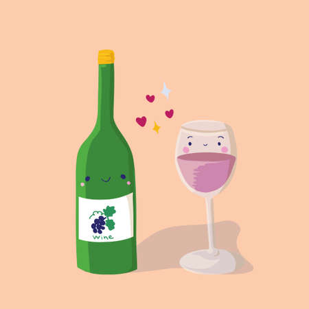 Cartoon style Asian design. Wine and glass vector illustration. Kawaii design.のイラスト素材