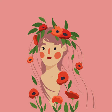 Cute cartoon girl with flowers wreath. Dots eyes and cheeks. Vector illustrationのイラスト素材