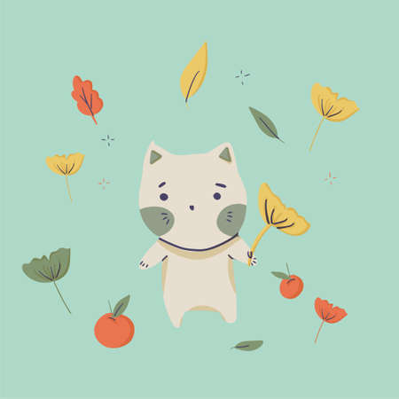 Kawaii Halloween cat poster with leaves and pumpkinsのイラスト素材