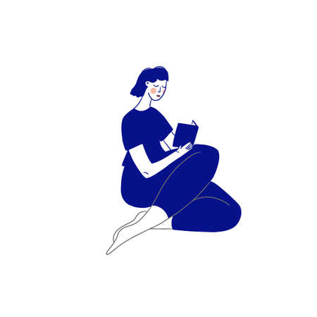 line art girl seat and read a bookのイラスト素材