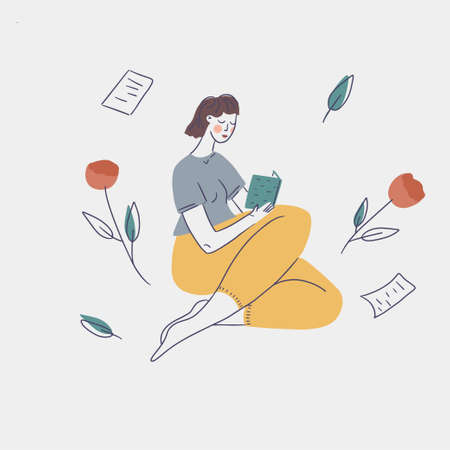 line art girl seat and read a bookのイラスト素材