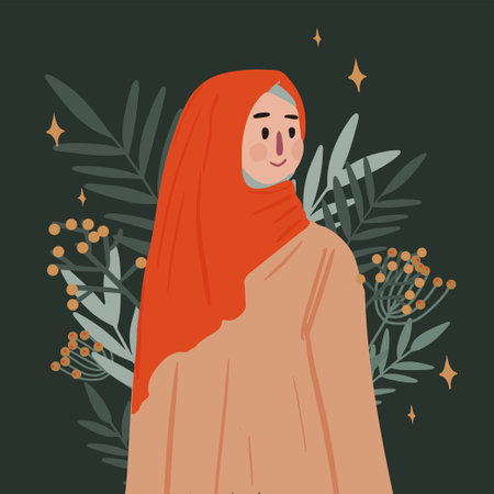 Young muslim woman wearing hijab greeting cards on floral background, cartoon character vector illustration.のイラスト素材