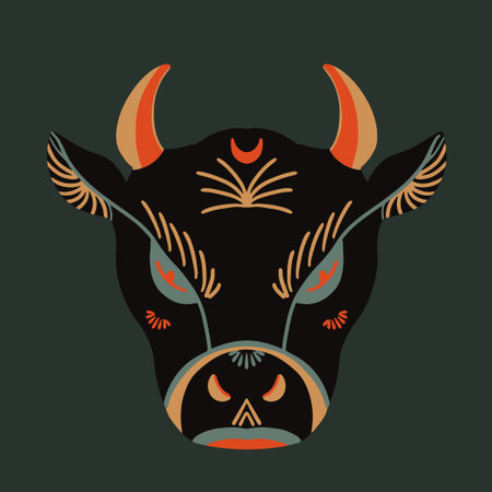The bulls head is a symbol of prosperity in Chinese tradition. Bull symbol of 2021. Vector graphic seamless patternのイラスト素材
