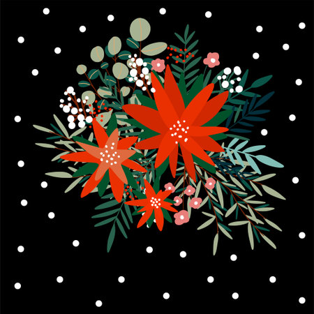 Winter flowers. Hand drawn poinsettia flowers and floral branches and berries, mistletoe, eucalyptus. Christmas floralsのイラスト素材
