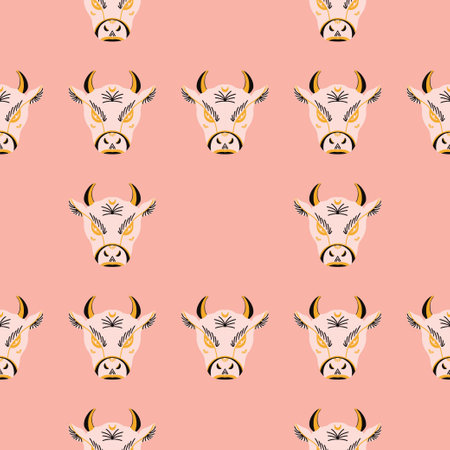 The bulls head is a symbol of prosperity in Chinese tradition. Bull symbol of 2021. Vector graphic seamless patternのイラスト素材