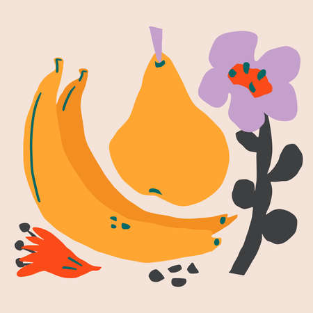 Paper cutouts tropical fruits and flowers. Hand drawn modern design for cardのイラスト素材