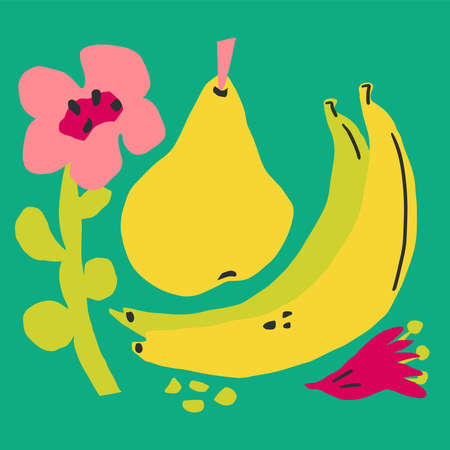 Paper cutouts tropical fruits and flowers. Hand drawn modern design for cardのイラスト素材