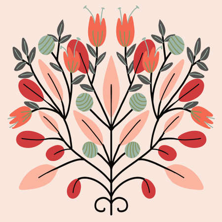 Folk art Scandinavian symmetric design. Retro floral folk art patternのイラスト素材