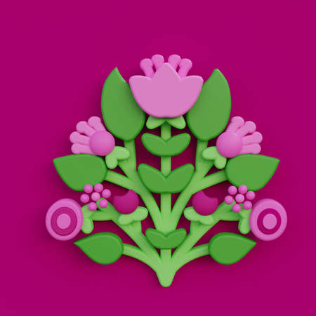 3d folk art illustration, cartoon flower folk art compositions, colorful render illustrationの写真素材