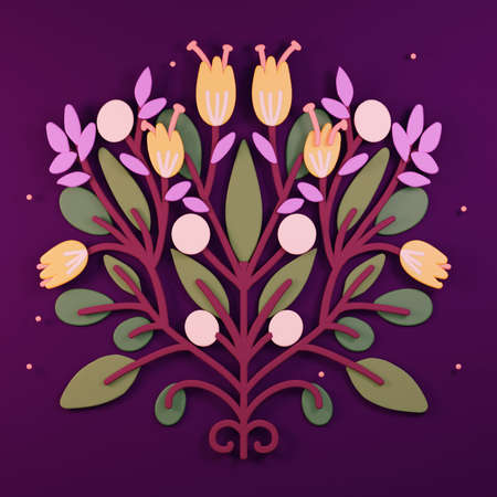 3d folk art illustration, cartoon flower folk art compositions, colorful render illustrationの写真素材
