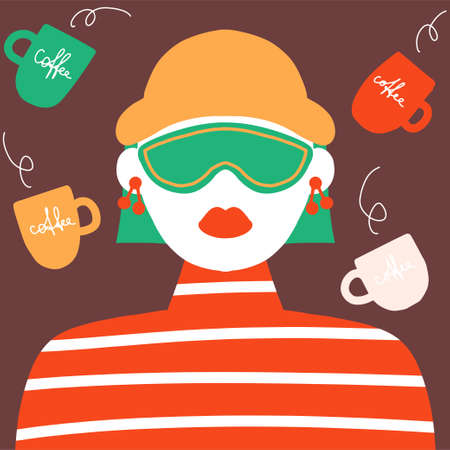 Beautiful portrait of young bold girl with hat and sunglasses modern flat vector illustrationのイラスト素材