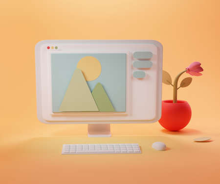 desktop with PC, keyboard and flowerpot. SEO Optimization, web analytics and seo marketing concept. 3d render illustrationの写真素材