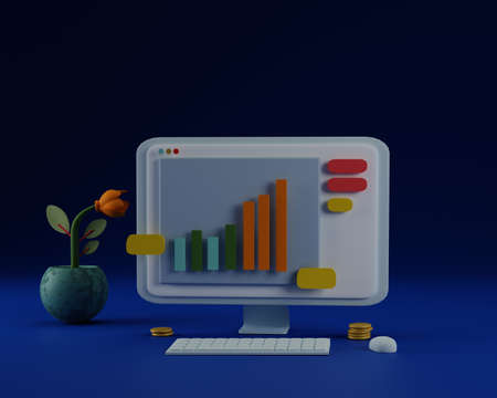 desktop with PC, keyboard and flowerpot. SEO Optimization, web analytics and seo marketing concept. 3d render illustrationの写真素材
