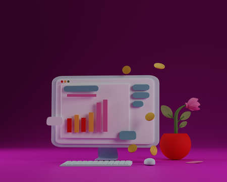 desktop with PC, keyboard and flowerpot. SEO Optimization, web analytics and seo marketing concept. 3d render illustrationの写真素材
