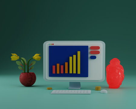 desktop with PC, keyboard and flowerpot. SEO Optimization, web analytics and seo marketing concept. 3d render illustrationの写真素材