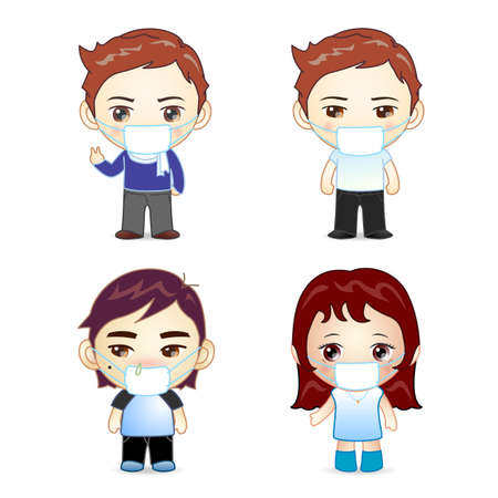 Group of boys and girl with face masks in various posesのイラスト素材