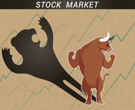 Stock market concept strong bull with bear shadow in blackのイラスト素材