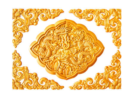 Golden dragon stucco decoration elements on white with frameの写真素材