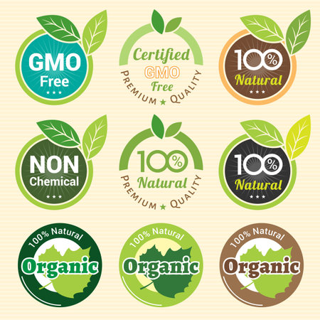 GMO Free Non GMO and organic guarantee tag label emblem sticker for plant fruits and vegetableのイラスト素材