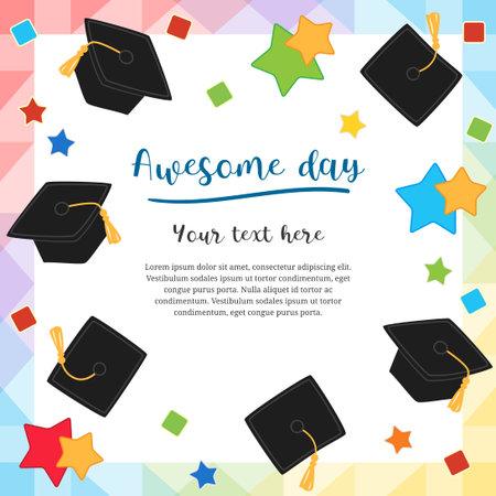 Colorful graduation day card illustration design with flying graduation capsのイラスト素材