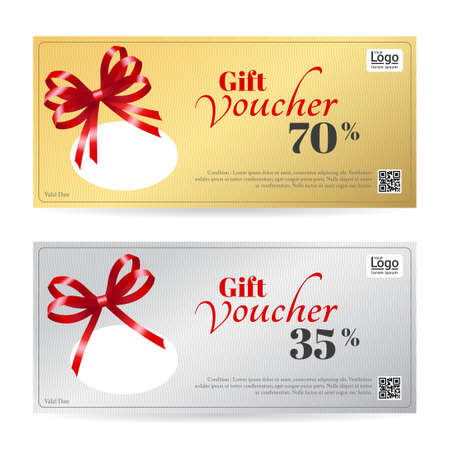 Elegant gift card or gift voucher template with shiny red bows and ribbonsのイラスト素材