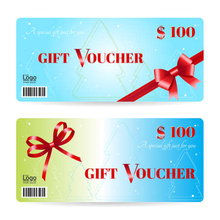 Elegant Christmas gift voucher or gift card template with shiny red bows and ribbonsのイラスト素材