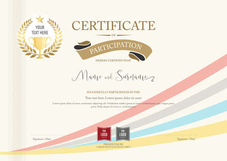Certificate of participation template with golden award laurel and troply and colorful ribbon backgroundのイラスト素材