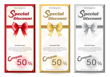 Elegant gift voucher or gift card template with shiny red and golden bows and ribbons vectorのイラスト素材