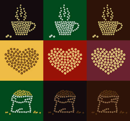 Set of coffee bean in coffee cup, heart and bale shape for wall decoration or bannerのイラスト素材