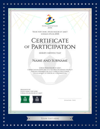 Sport theme certificate of participation template for football match with gold star blue borderのイラスト素材