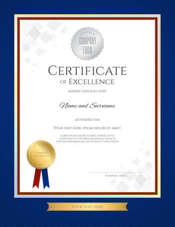 Certificate of excellence template in portrait with blue border and gold ribbon tagのイラスト素材