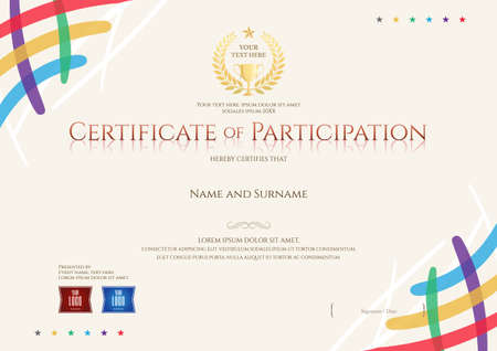 Certificate of participation template with colorful corner and trophyのイラスト素材