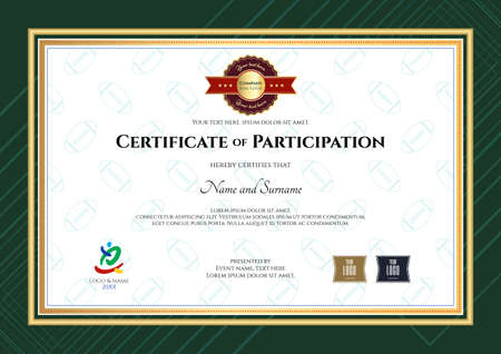 Certificate of participation template in sport theme with rugby ball shape outline background and modern borderのイラスト素材