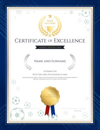 Portrait certificate of excellence template in sport theme for football event modern blue borderのイラスト素材