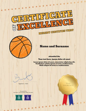 Portrait certificate of excellence template in sport theme for basketball event with wooden floor backgroundのイラスト素材