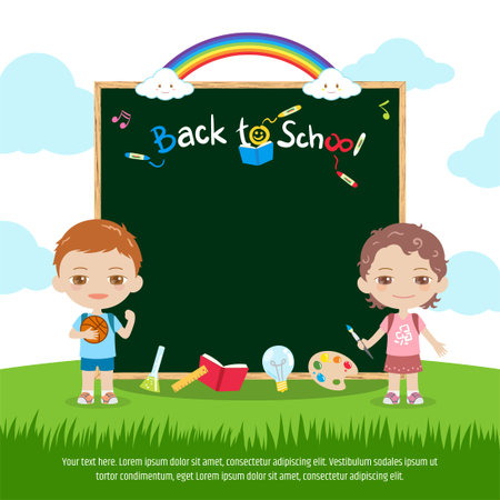 Colorful back to school green chalk board or blackboard banner with cute boy and girl, rainbow and skyのイラスト素材