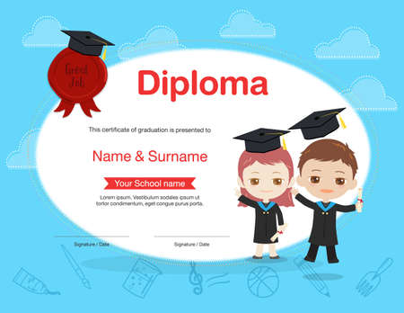Colorful kids diploma certificate template in cartoon style with boy and girl holding diploma and wearing academic dress and graduation capのイラスト素材