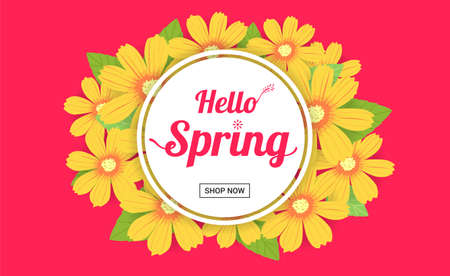 Hello spring season time, sales season banner or poster with colorful blossom flowerのイラスト素材