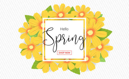 Hello spring season time, sales season banner or poster with colorful blossom flowerのイラスト素材