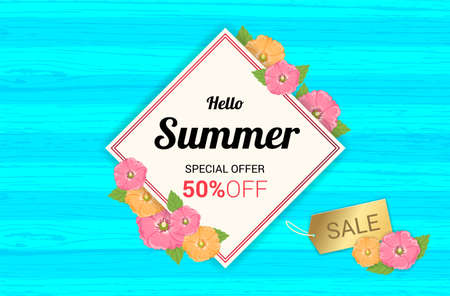 Summer Flowers frame or Summer floral Design on wooden backgroundのイラスト素材