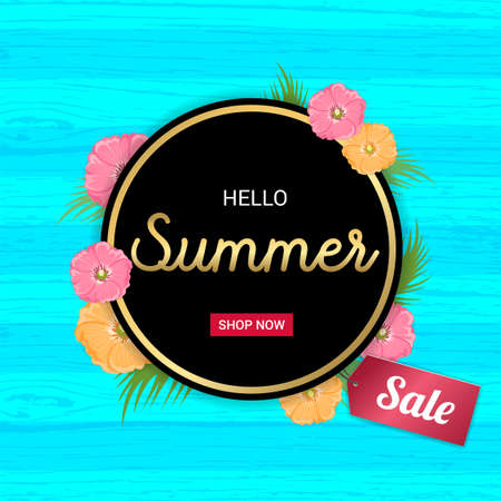 Summer Flowers gold frame or Summer floral Design on blue wooden backgroundのイラスト素材