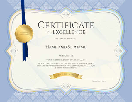 Certificate of achievement template in vector with applied Thai art background, blue colorのイラスト素材