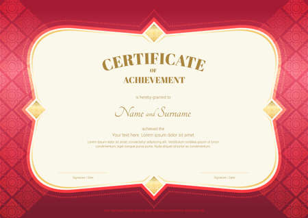 Certificate of achievement template in vector with applied Thai art background, red colorのイラスト素材