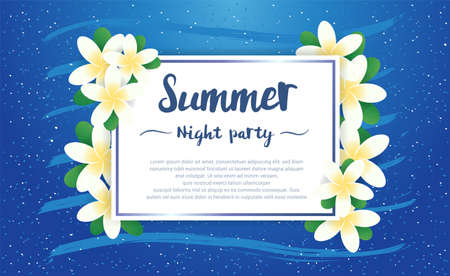 Summer night party greeting season with Plumeria Flowers frame or Summer floral Design on blue backgroundのイラスト素材