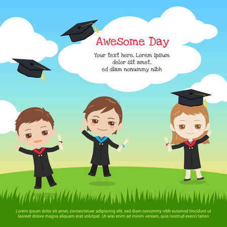 Kids graduation day with boy and girl throwing graduation cap to the sky in cartoon styleのイラスト素材