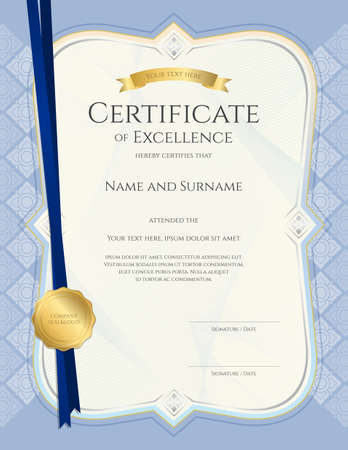 Portrait certificate of achievement template in vector with applied Thai art background, blue colorのイラスト素材