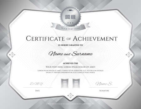 Certificate of achievement template with award ribbon on abstract guilloche background with vintage border styleのイラスト素材